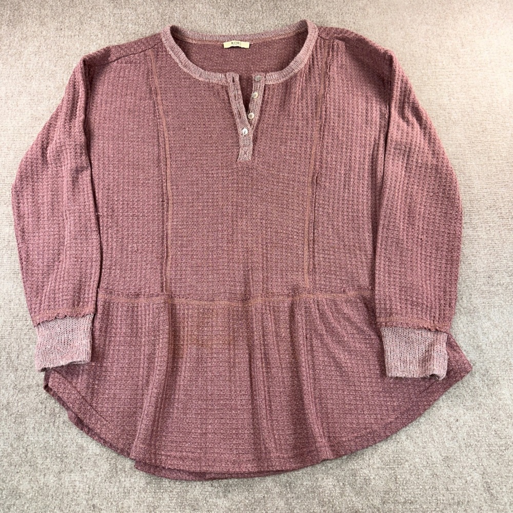 Kori America Mauve Waffle Knit Henley Peplum Top Long Sleeve Thermal Rose Large